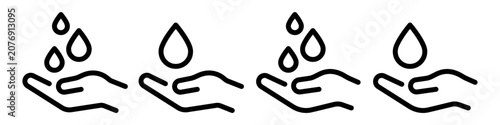Hand care line icon set with water drops. Outline vector pictogram for skin care, moisturizing, hygiene, hand washing, cosmetic packaging, healthcare, websites and mobile apps.