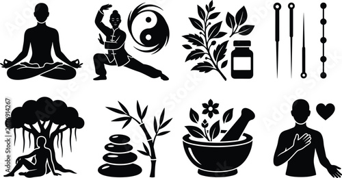 Photography Alternative medicine and holistic wellness black vector icon set with yoga, acup