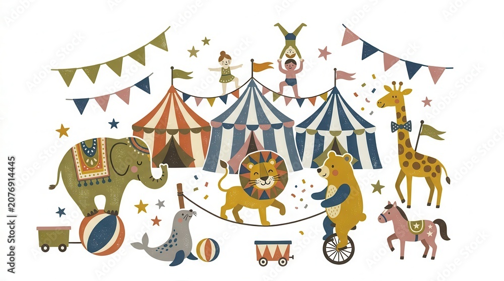 Naklejka premium Vibrant circus show depicts animals performing acts and acrobats on colorful tents
