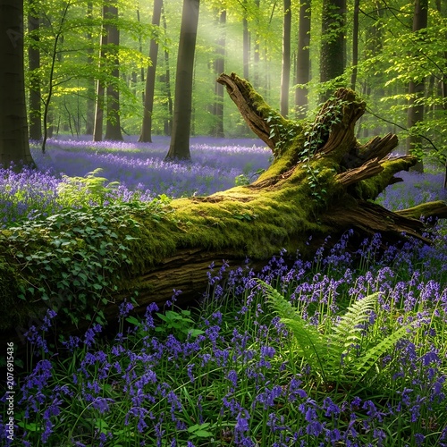 Serene forest path with blooming bluebells and ferns.