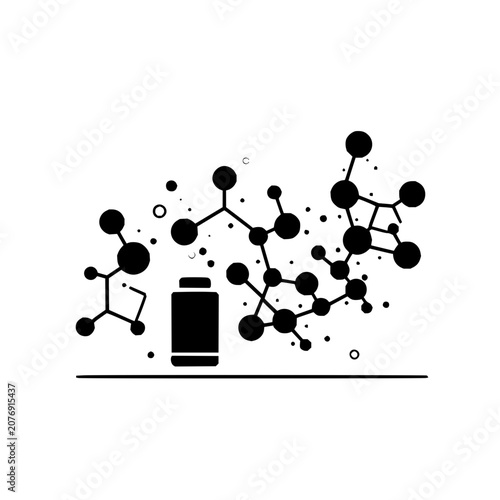 Illustration of a black container surrounded by molecular structures and small circles on a white backdrop