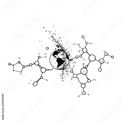 Illustration of a globe surrounded by molecule structures with a splash effect in black and white ink