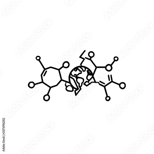 Stylized depiction of a cracked earth globe surrounded by chemical structures in black outline art