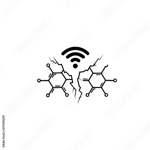Black and white illustration of cracked molecules with wifi symbol above the crack on a white background