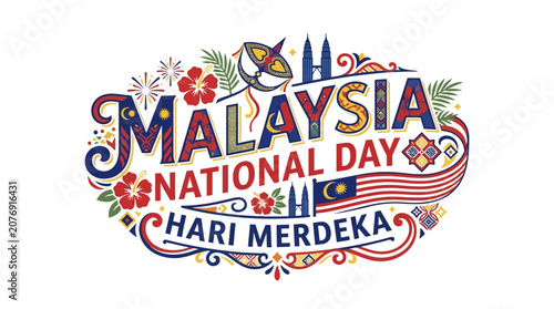 Malaysia National Day and Hari Merdeka Celebration Vector Typography with Traditional Cultural Elements