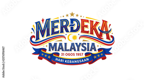 Malaysia Independence Day Merdeka Celebration Typography with Patriotic Flag Colors