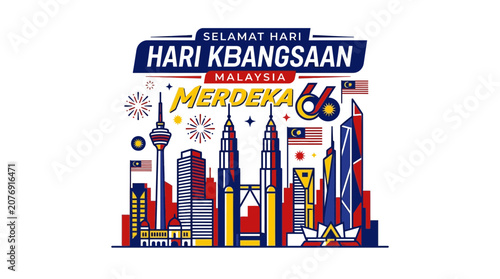 Malaysia Independence Day Vector Illustration with City Skyline and National Colors