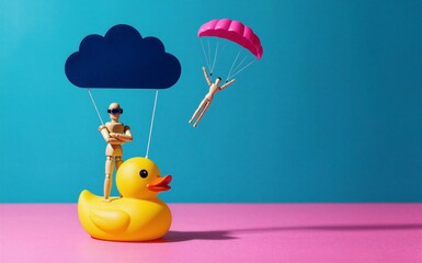 Duck with figure under cloud, another parachutes nearby against bold pink-blue backdrop.