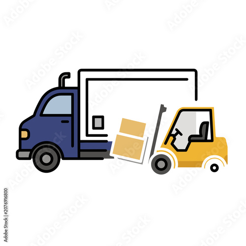 Flat vector illustration of delivery truck and forklift with cargo