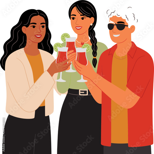 Flat vector illustration of three people toasting with drinks