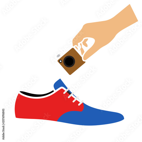 Hand holding camera over colorful sneaker flat vector illustration