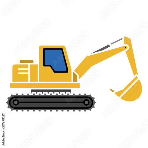 Yellow Excavator Flat Vector Illustration