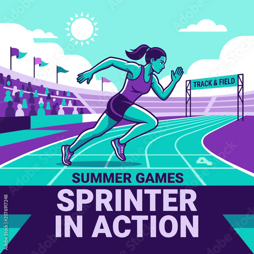 Dynamic Sprinter In Action On Track At Summer Games Stadium Vivid Colors