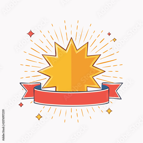 Yellow starburst with red ribbon and sunburst effect