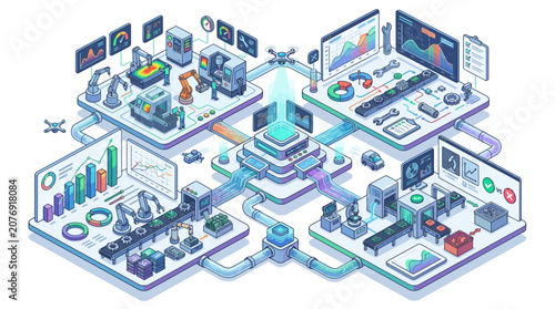 Isometric illustration of a complex data processing and analysis system.
