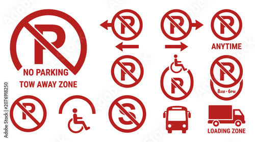 Vector Icons Red no parking and traffic restriction sign icons set. EPS Editable