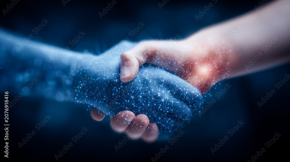 Fototapeta premium Human hand holding a digital handshake made of network connections symbolizing partnership, trust, and technology collaboration.