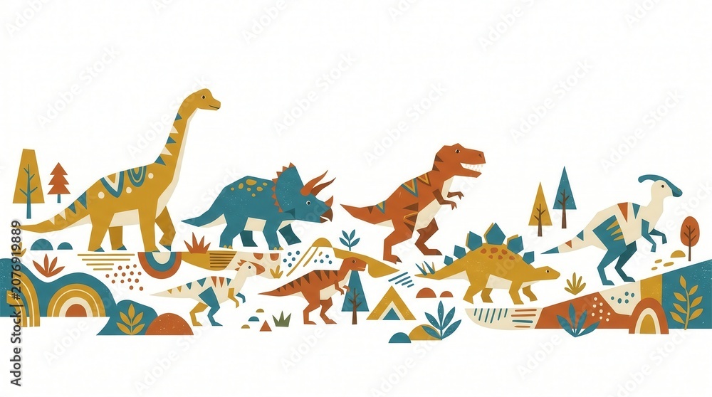 Fototapeta premium Colorful dinosaurs wander stylized ancient land with plants