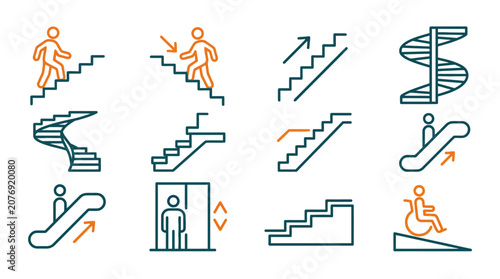 Vector Icons Stairs escalator elevator and accessibility line icons set. EPS Editable