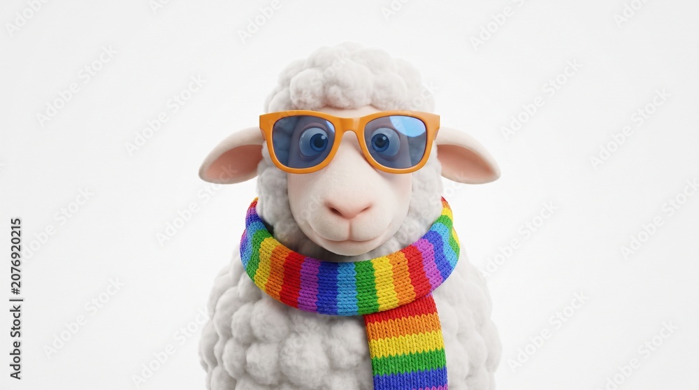 Fototapeta premium Smiling Sheep Wearing Sunglasses and Colorful Scarf in Bright Studio Lighting