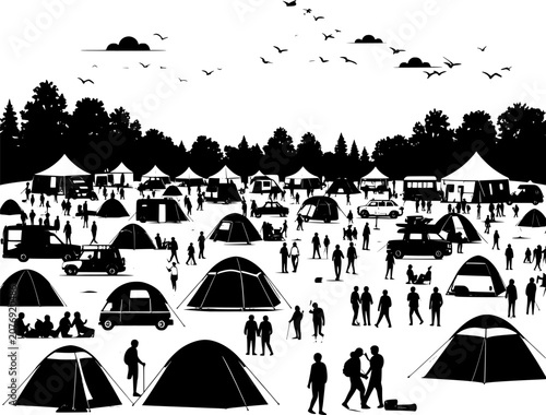 Large outdoor camping event crowd with tents vehicles and people silhouette illustration isolated on white background
