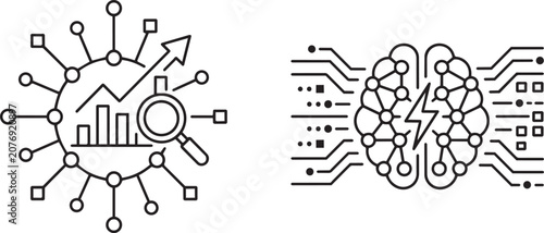 Canvastavla Art & Illustration, Data analysis node circle chart and human brain with integrated circuit line art