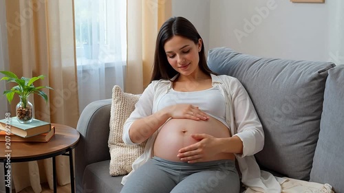 A serene and happy pregnant woman sitting on a comfortable couch while gently touching her growing baby bump at home