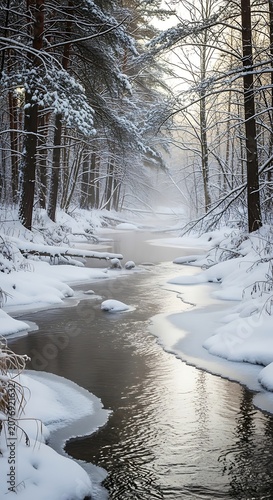 Serene winter forest path with snow and trees.