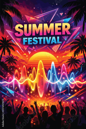 Energetic summer festival poster with tropical sunset palm silhouettes neon sound waves and lively concert crowd