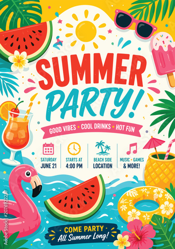 Colorful summer party poster with tropical beach vibes fun drinks and festive elements perfect for lifestyle and leisure themes