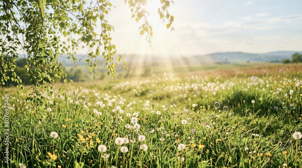 Fototapeta premium Beautiful Meadow Landscape with Dandelions and Sunbeams at Sunset