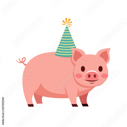 Cartoon pig wearing a striped party hat