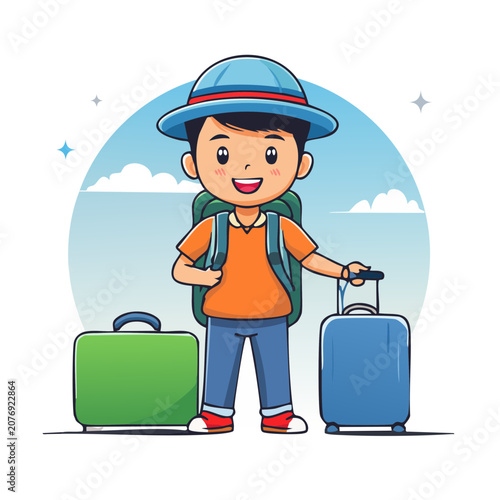 Cartoon boy with luggage and backpack for travel