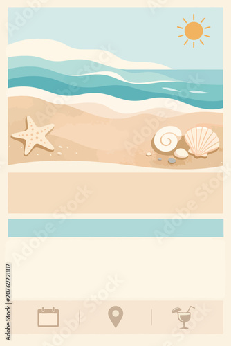 Tropical beach illustration with ocean waves seashells starfish and summer vacation icons