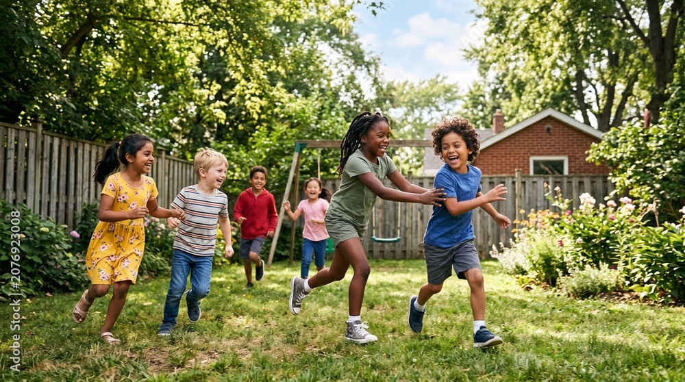 Fototapeta premium Children running and playing together in a backyard on a sunny day with trees