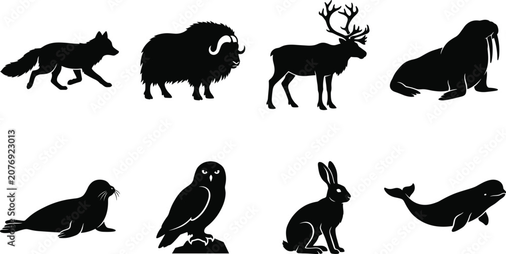 Obraz premium Arctic and Northern Wildlife Silhouette Collection Featuring Fox Musk Ox Reindeer Walrus Seal Owl Hare and Whale