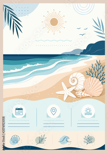 Summer beach vacation poster with ocean waves seashells starfish coral cliffs palm leaves bright sun birds and tropical travel design