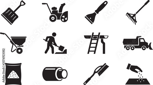 Construction icons, gardening tools, landscaping symbols, 12 black vector graphics