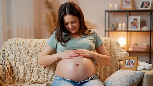A serene pregnant woman gently touching her baby bump while relaxing on a comfortable couch at home during her pregnancy