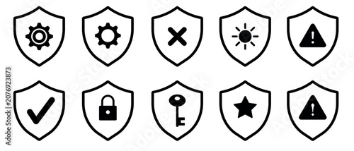 Minimalist protection shield icon set with gear cross brightness warning checkmark padlock key and star security configuration symbols