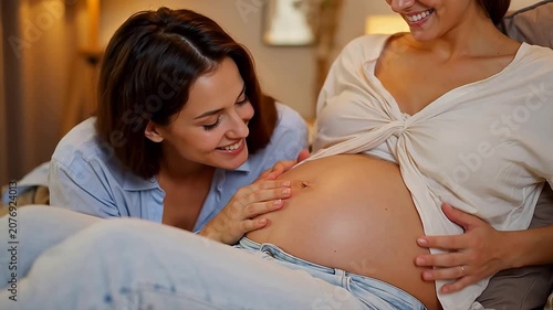 Happy lesbian couple sharing intimate moment with pregnant belly at home