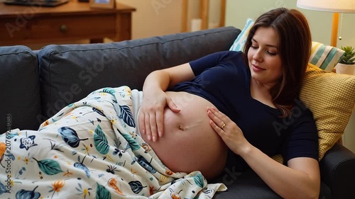 Pregnant woman relaxing on a cozy sofa, tenderly caressing her baby bump, filled with anticipation and maternal joy for her future child