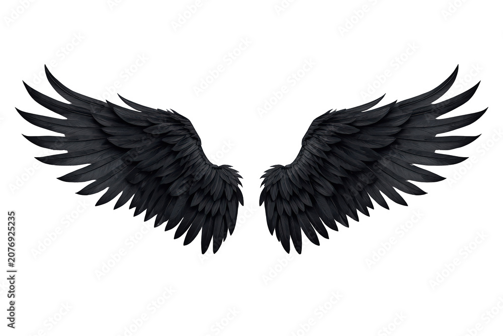 Fototapeta premium Black large fantasy wings, representing themes of angels, demons, flight, darkness, and mystery. Transparent background