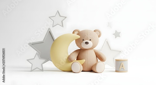 Cute teddy bear sitting beside a yellow crescent moon with silver stars in the background, creating a serene and dreamy nursery scene.