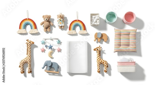 A charming collection of baby nursery items, including plush giraffes, elephants, bears, rainbow decorations, and a star mobile, arranged on a white background.