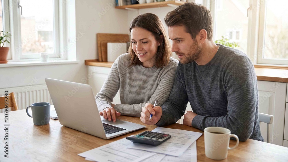 Fototapeta premium Happy couple finance planning at home calculating bills and payments on laptop in a bright kitchen