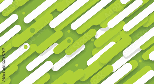 Abstract vector background featuring layered diagonal lime green and white rounded rectangle shapes with soft drop shadows and small circular accents on a solid green base.