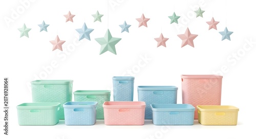 Pastel colored storage boxes and decorative 3D stars on a white background.