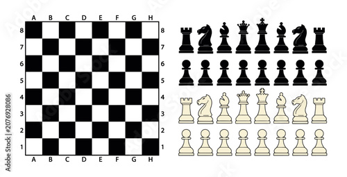 Fotografie Chessboard with labeled coordinates and full set of black and white chess pieces