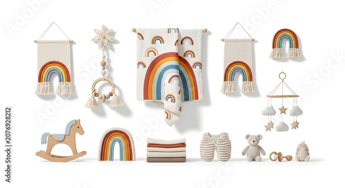 Collection of natural-toned baby nursery decor items featuring rainbow motifs, including wall hangings, a blanket, mobile, rocking horse, and plush toys.